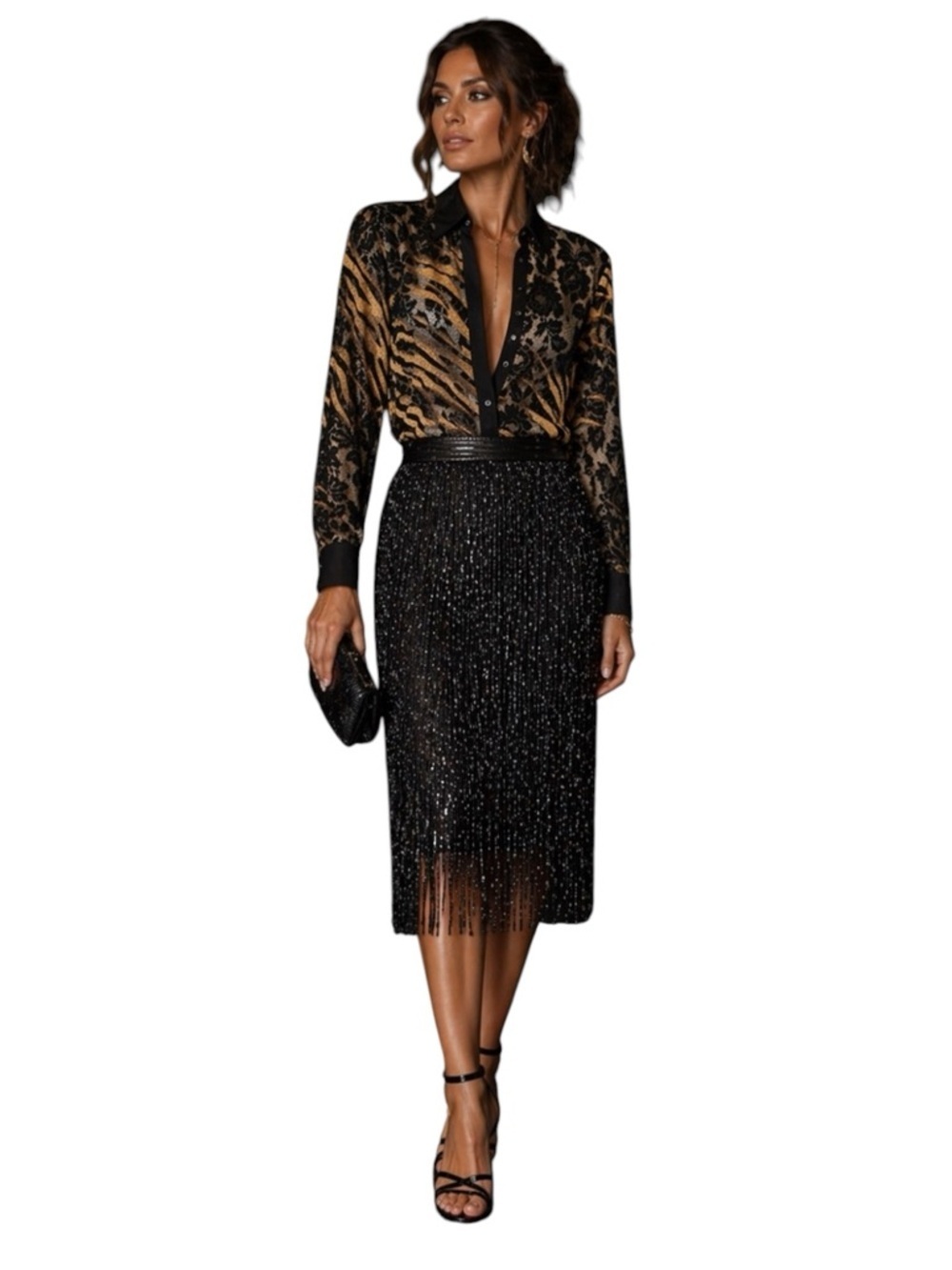 Vintage Black Beaded Midi Skirt | Gatsby Art Deco Evening Glamour | Amen Wardy